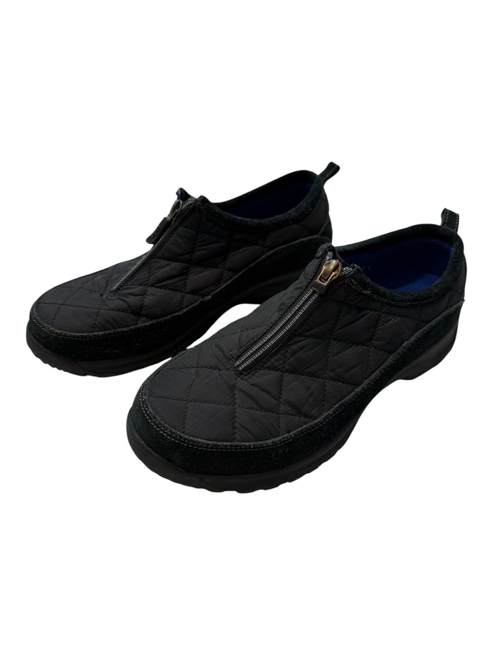 Lands End Black Suede Moc Quilted Zipper Slip On Shoes Size 8